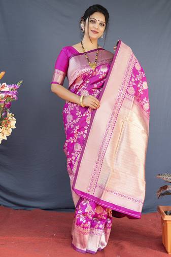 Rani pink banarasi silk blend saree with floral zari weaving