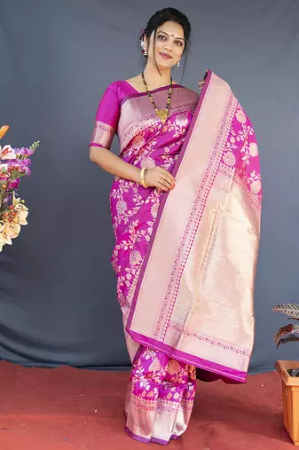 Rani pink banarasi silk blend saree with floral zari weaving