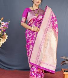 Rani pink banarasi silk blend saree with floral zari weaving