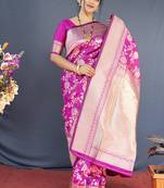 Rani pink banarasi silk blend saree with floral zari weaving