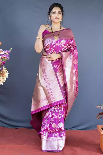 Rani pink banarasi silk blend saree with floral zari weaving