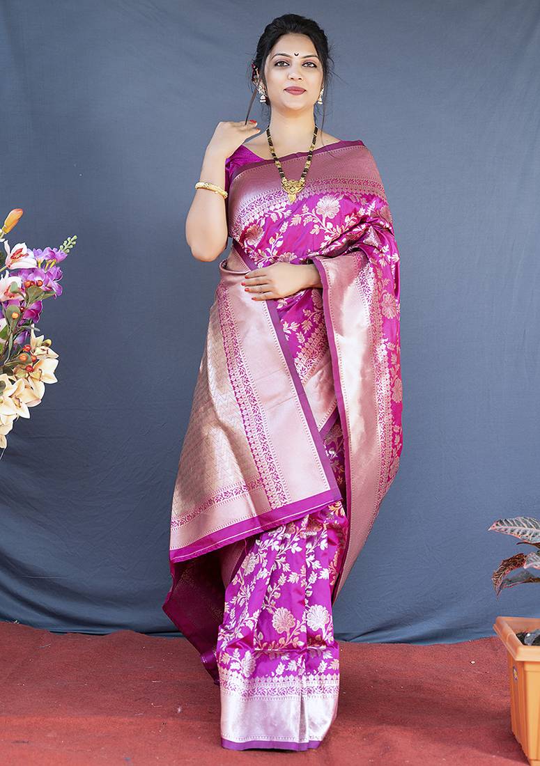 Rani pink banarasi silk blend saree with floral zari weaving