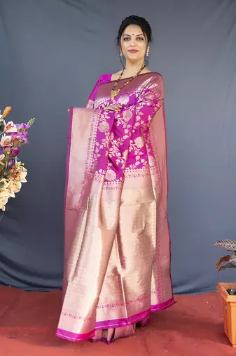 Rani pink banarasi silk blend saree with floral zari weaving