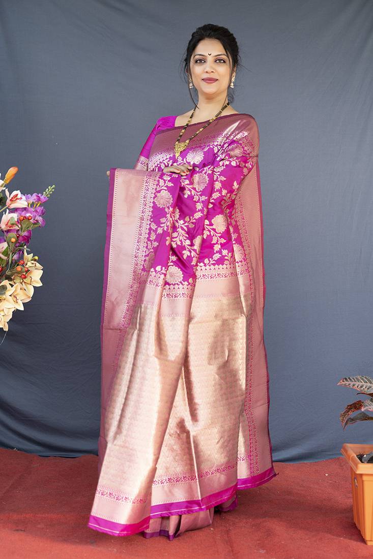 Rani pink banarasi silk blend saree with floral zari weaving