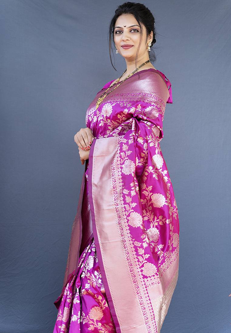 Rani pink banarasi silk blend saree with floral zari weaving