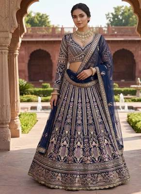 navy blue color Embroidery Sequins Work Net Lehenga Choli Set 1