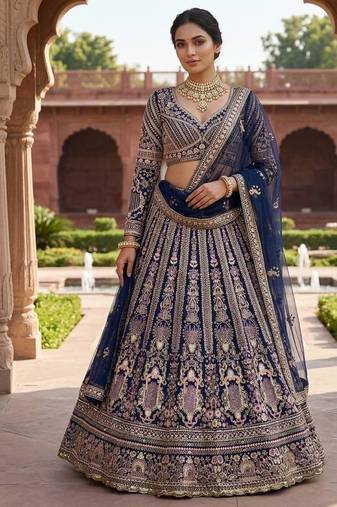 navy blue color Embroidery Sequins Work Net Lehenga Choli Set