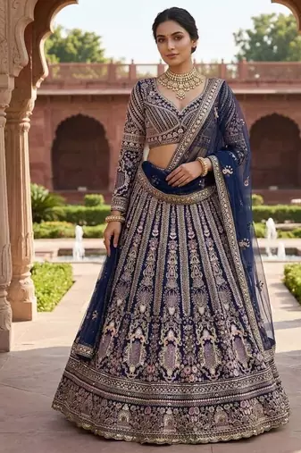 navy blue color Embroidery Sequins Work Net Lehenga Choli Set