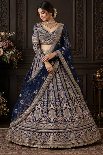 navy blue color Embroidery Sequins Work Net Lehenga Choli Set