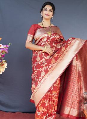 Red banarasi silk blend saree with floral zari weaving 1