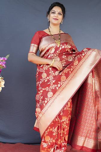 Red banarasi silk blend saree with floral zari weaving
