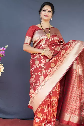 Red banarasi silk blend saree with floral zari weaving