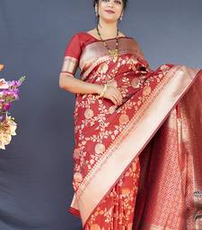 Red banarasi silk blend saree with floral zari weaving