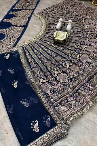 navy blue color Embroidery Sequins Work Net Lehenga Choli Set