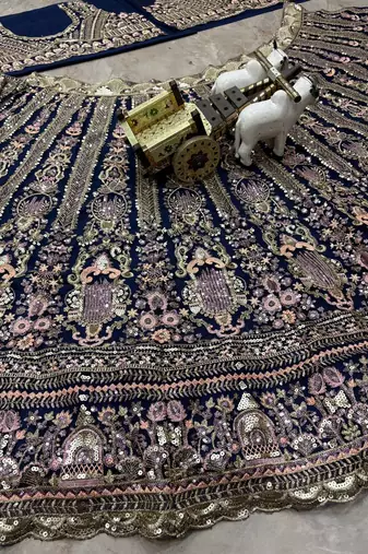 navy blue color Embroidery Sequins Work Net Lehenga Choli Set