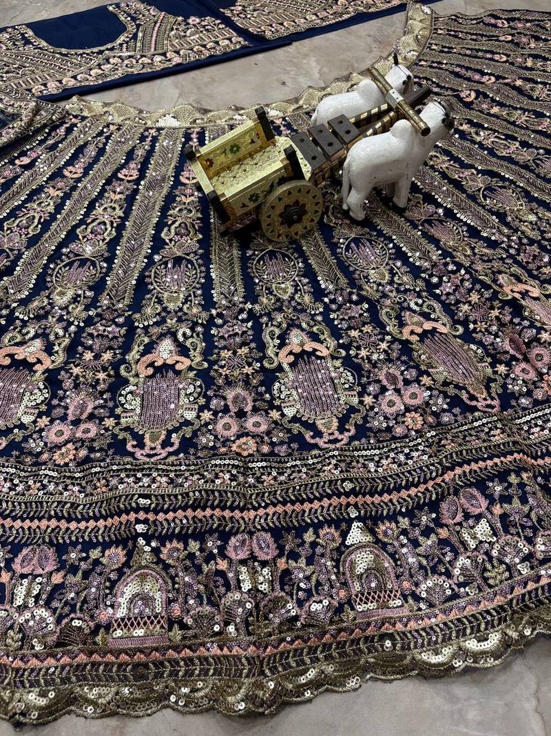 navy blue color Embroidery Sequins Work Net Lehenga Choli Set