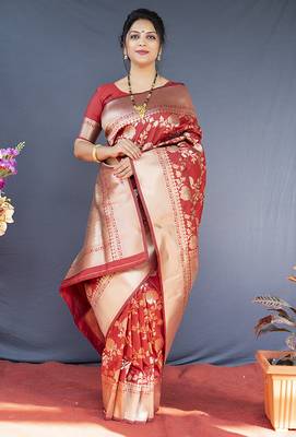 Red banarasi silk blend saree with floral zari weaving 2