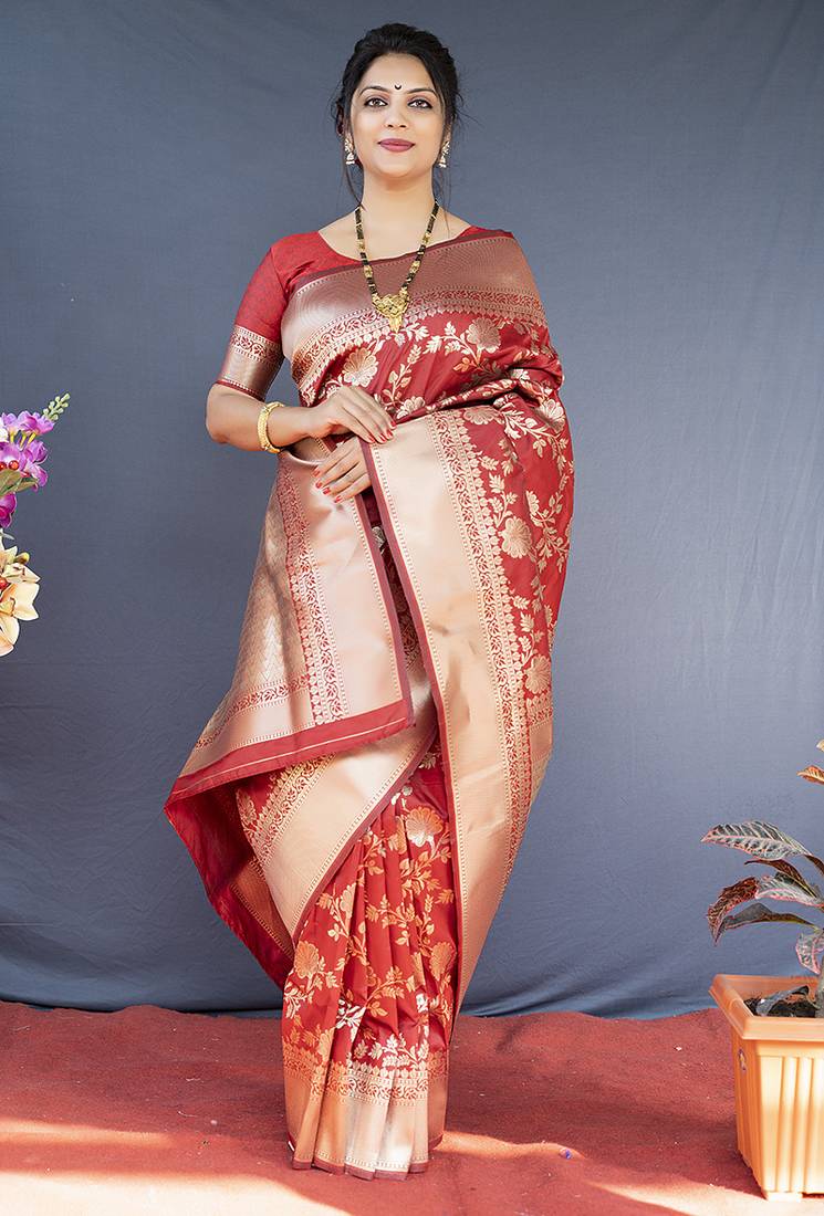 Red banarasi silk blend saree with floral zari weaving