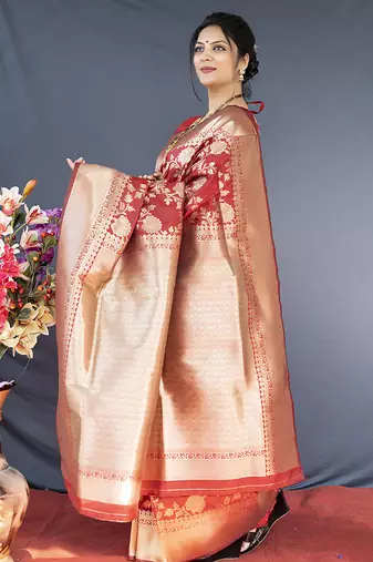 Red banarasi silk blend saree with floral zari weaving