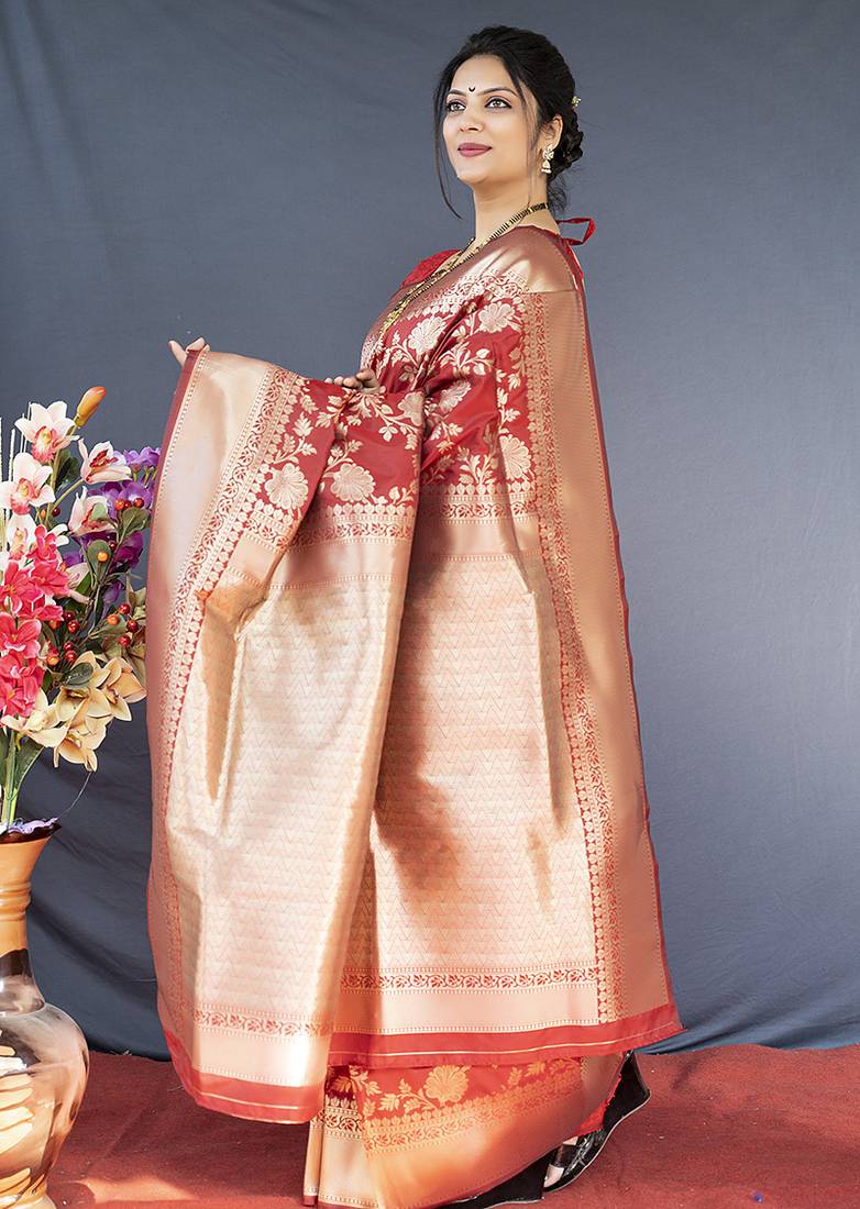 Red banarasi silk blend saree with floral zari weaving