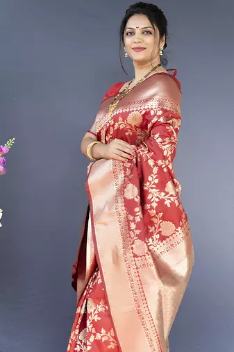 Red banarasi silk blend saree with floral zari weaving
