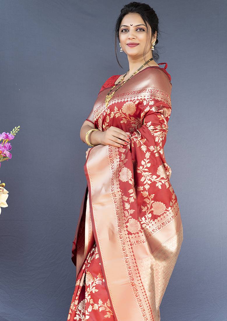 Red banarasi silk blend saree with floral zari weaving