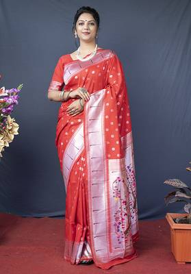 Red silk blend saree with silver zari booti & traditional floral pallu 1