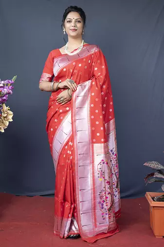 Red silk blend saree with silver zari booti & traditional floral pallu