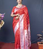 Red silk blend saree with silver zari booti & traditional floral pallu