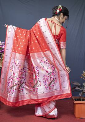 Red silk blend saree with silver zari booti & traditional floral pallu 2