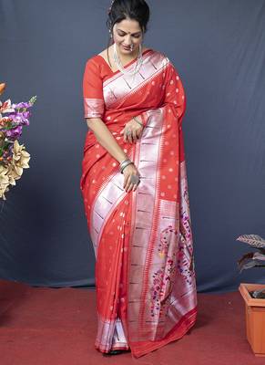 Red silk blend saree with silver zari booti & traditional floral pallu 3
