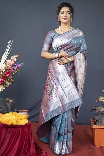 Grey silk blend saree with silver zari booti & traditional floral pallu