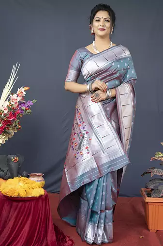 Grey silk blend saree with silver zari booti & traditional floral pallu