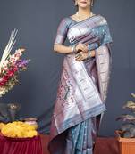 Grey silk blend saree with silver zari booti & traditional floral pallu