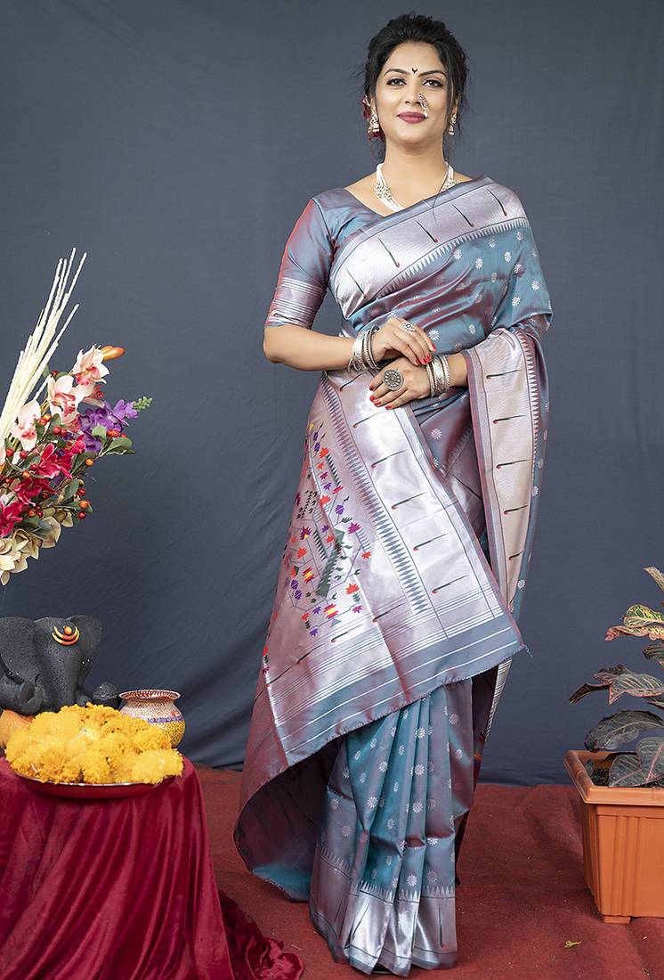 Grey silk blend saree with silver zari booti & traditional floral pallu