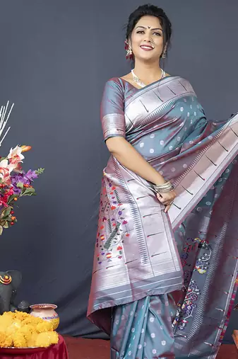 Grey silk blend saree with silver zari booti & traditional floral pallu