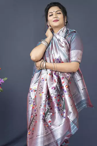 Grey silk blend saree with silver zari booti & traditional floral pallu