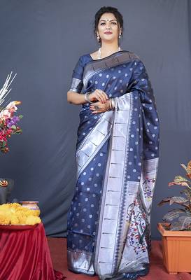 Navy blue silk blend saree with silver zari booti & traditional floral pallu 1