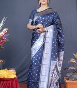 Navy blue silk blend saree with silver zari booti & traditional floral pallu