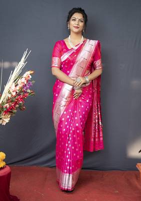 Rani pink silk blend saree with silver zari booti & traditional floral pallu 1
