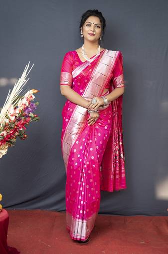 Rani pink silk blend saree with silver zari booti & traditional floral pallu