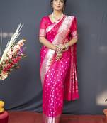 Rani pink silk blend saree with silver zari booti & traditional floral pallu