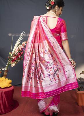 Rani pink silk blend saree with silver zari booti & traditional floral pallu 2