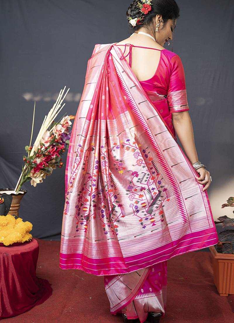 Rani pink silk blend saree with silver zari booti & traditional floral pallu