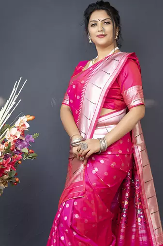 Rani pink silk blend saree with silver zari booti & traditional floral pallu