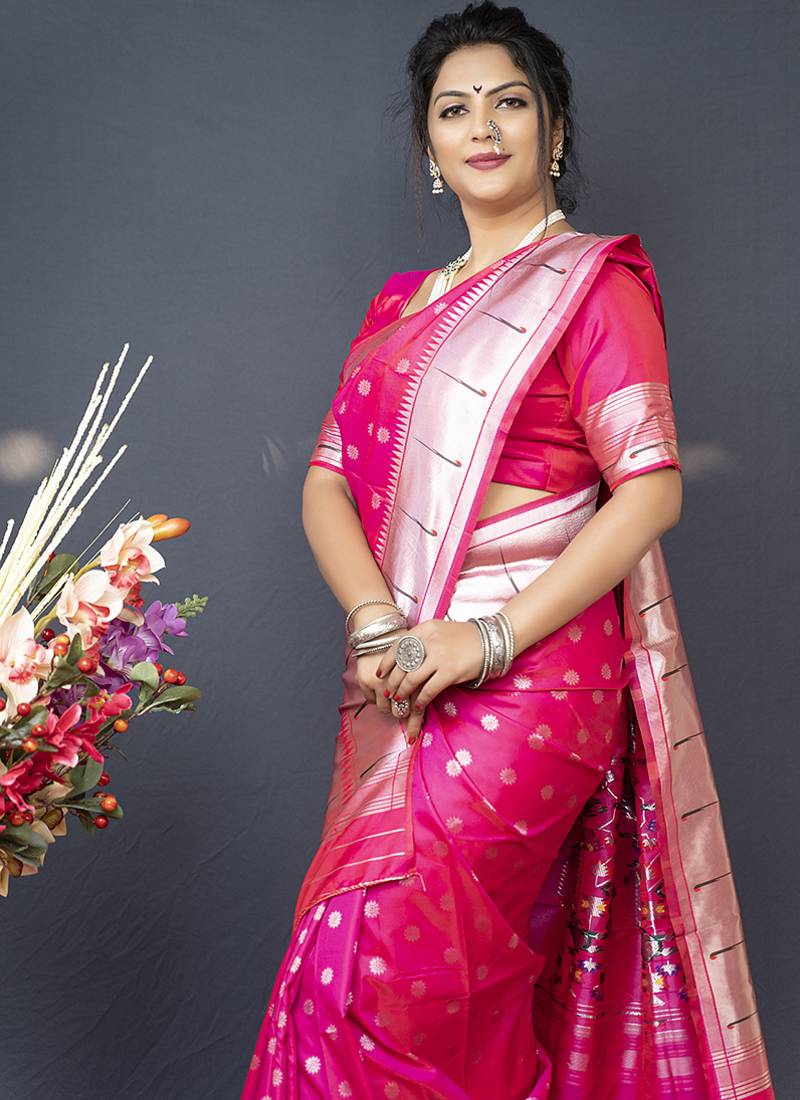 Rani pink silk blend saree with silver zari booti & traditional floral pallu