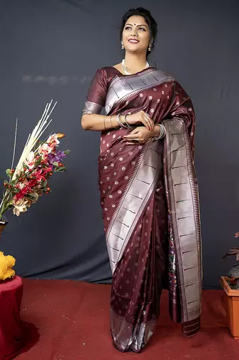 Coffee brown silk blend saree with silver zari booti & traditional floral pallu