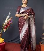Coffee brown silk blend saree with silver zari booti & traditional floral pallu