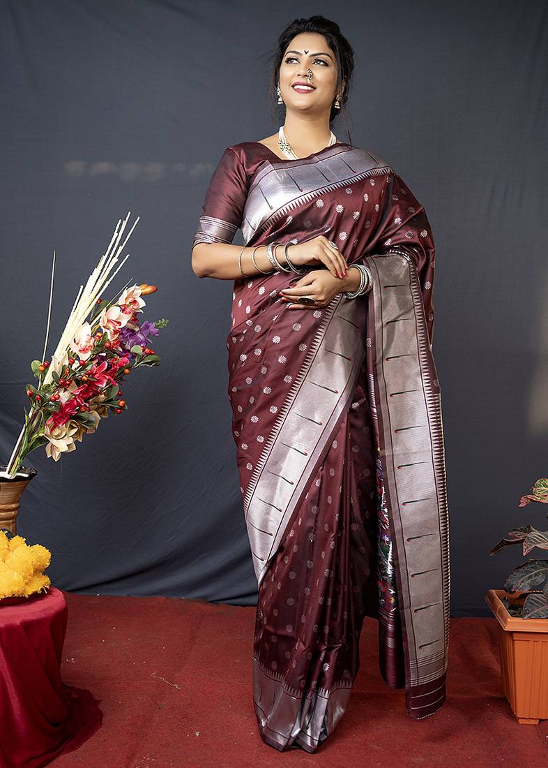 Coffee brown silk blend saree with silver zari booti & traditional floral pallu