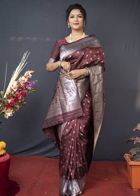 Coffee brown silk blend saree with silver zari booti & traditional floral pallu 2